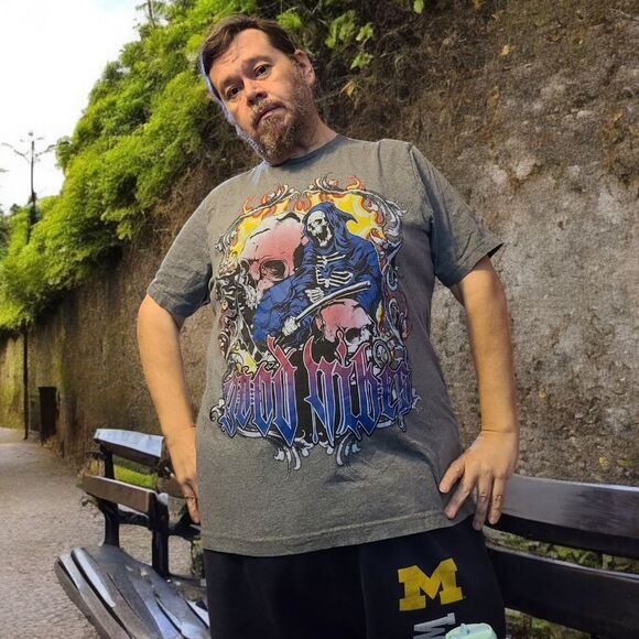 Vintage Y2K Men's Style DABA "Grim Reaper Good Vibes" Grey Graphic T-Shirt 3XL - Picture 1 of 6